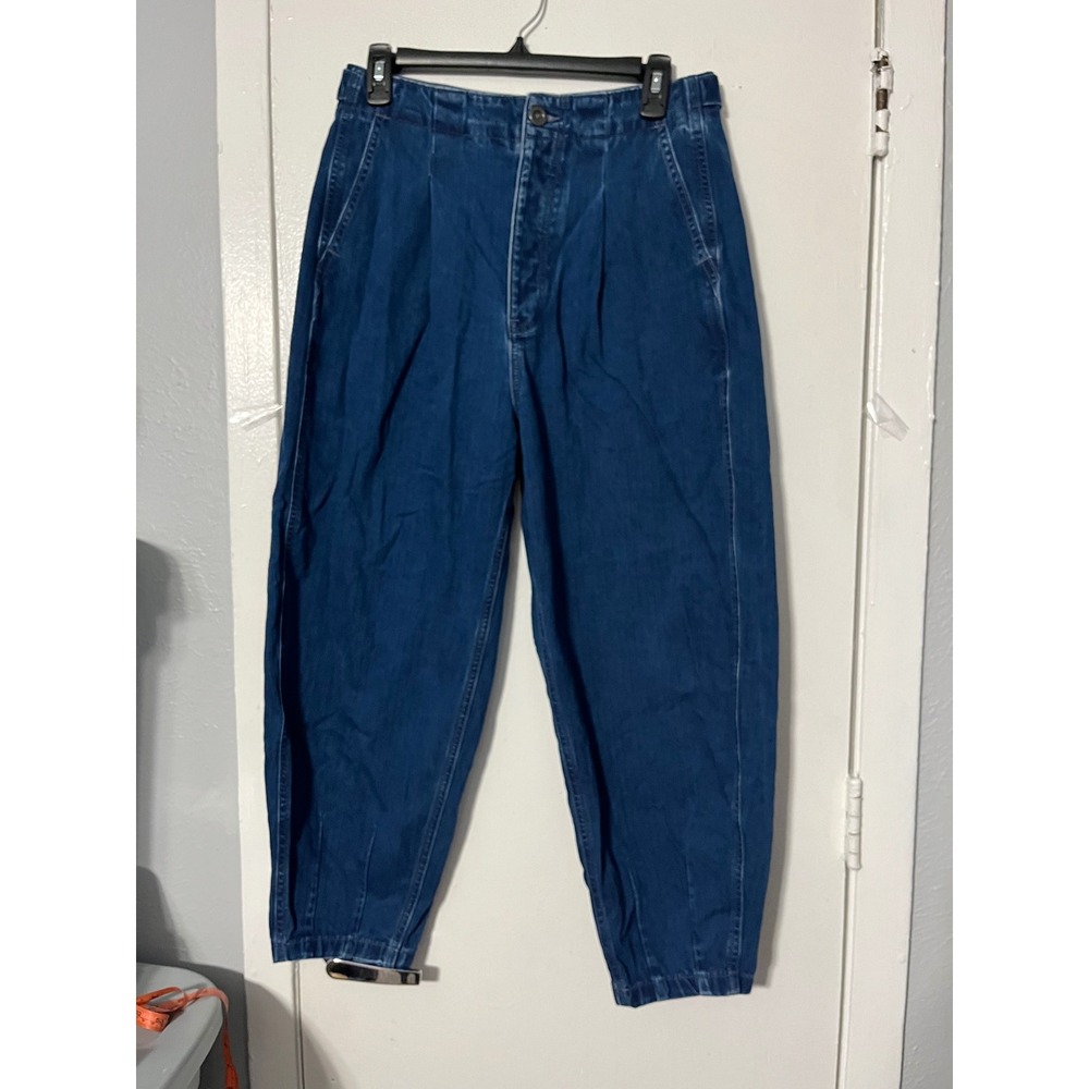 Polo Ralph Lauren Pleated Barrel Leg Herringbone Denim Trousers Blue Size 4